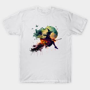 Witch flying on a broom watercolor T-Shirt